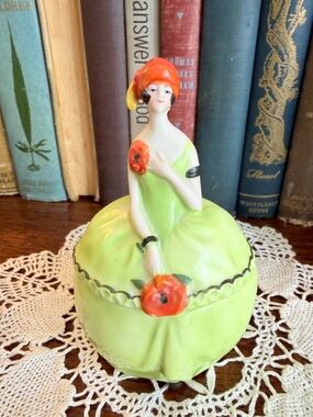 Antique German Porcelain Lady Trinket Box with Green Dress & Poppies